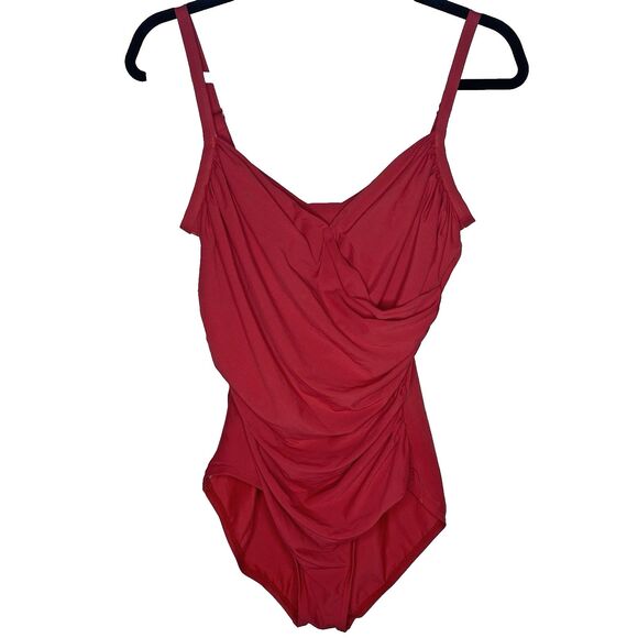 Jantzen Classics Swimsuit Ruched One Piece Adjustable Straps Slimming Sz 14 Red - Picture 2 of 10